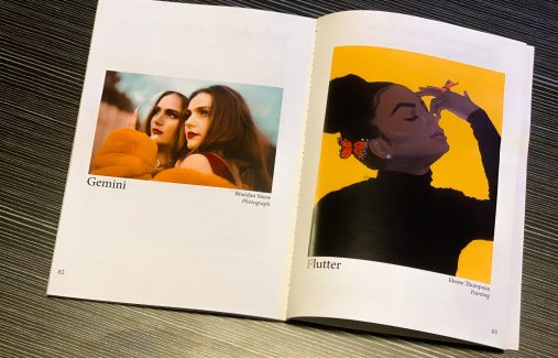 open magazine showing a photo of woman and painting of young black woman  